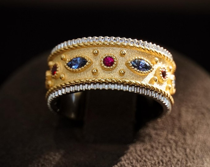 Natural emerald ruby sapphire gold band/unique trendy wedding bands in solid gold/handmade fine wedding ring/Birthday anniversary jewelry