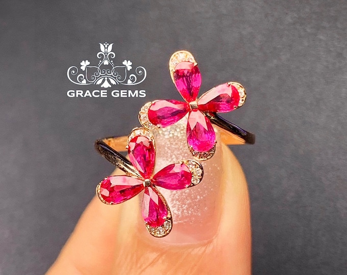 Double Flower Multi-stone natural ruby engagement ring in 18k/14k rose gold/Star ruby ring/raw ruby ring/Wedding/Certified Ruby Jewelry