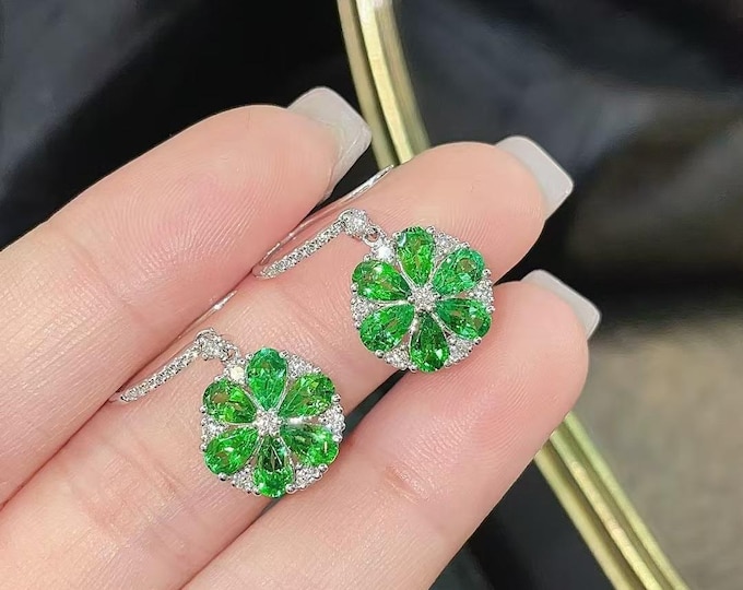 Unique natural tsavorite green garnet earrings/green gem floral push back dangle/Diamond paved green tsavorite earrings/Handmade flower stud