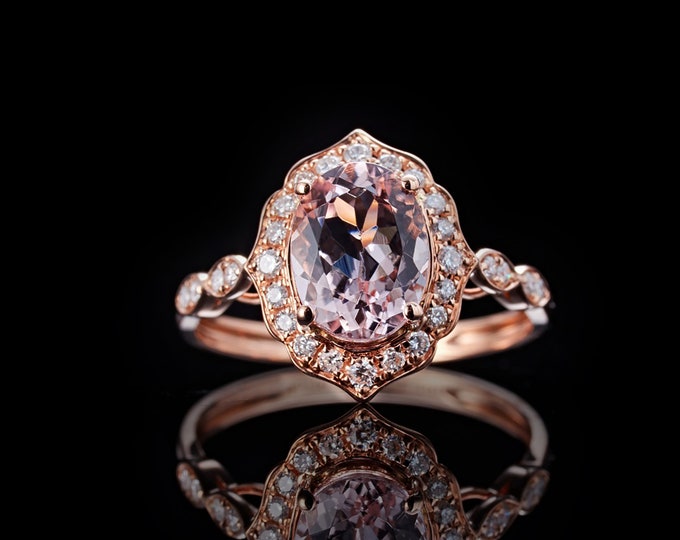 18k Rose Gold Natural Morganite Engagement ring with diamonds/Top quality Champagne Morganite ring/Antique Vintage Art Deco/Handmade bridal