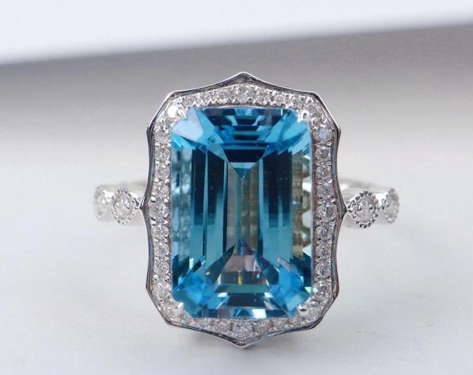 Unique luxurious Natural Santa Maria ring in 18k white gold/Diamond Art Deco aquamarine ring for her/aquamarine birthstone engagement ring