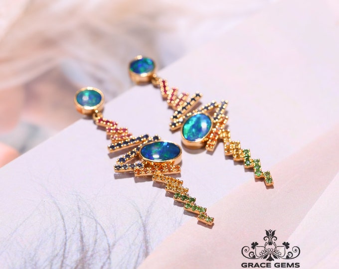 Genuine Australian Black Opal drop Stud in Solid 18k Rose gold with sapphires and rubies/Raw Opal Dangler/Natural Opal Anniversary gift