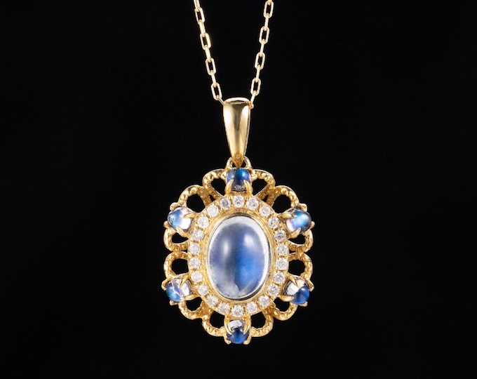Unique Natural moonstone Pendant in 18k yellow Gold with moonstone accents/Anniversary Birthday Choker/Gift for her/Viking Egyptian Jewelry