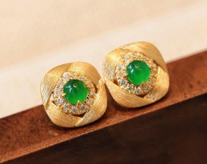 18k Rose Gold Myanmar Natural greenish blue Icy Type A Jadeite Earrings/Unique circle Victorian Gothic Jade studs/One of a kind gift for her