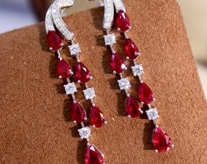 Luxury Pigeon Blood Red Ruby Earrings, Pear Cluster Ruby Halo Diamond Studs, 18K Rose Gold Natural Gemstone Jewelry - Unique ruby earrings