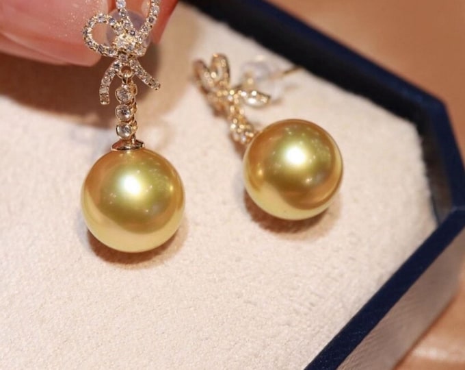 11mm 18k gold Real Golden Sea Pearl Earrings/Engagement wedding pearl studs with diamond/Certified Pear handmade earrings anniversary gift