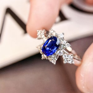 18k white gold real royal blue sapphire engagement ring/Diamond halo blue sapphire gold ring/Unique Half eternity sapphire anniversary ring