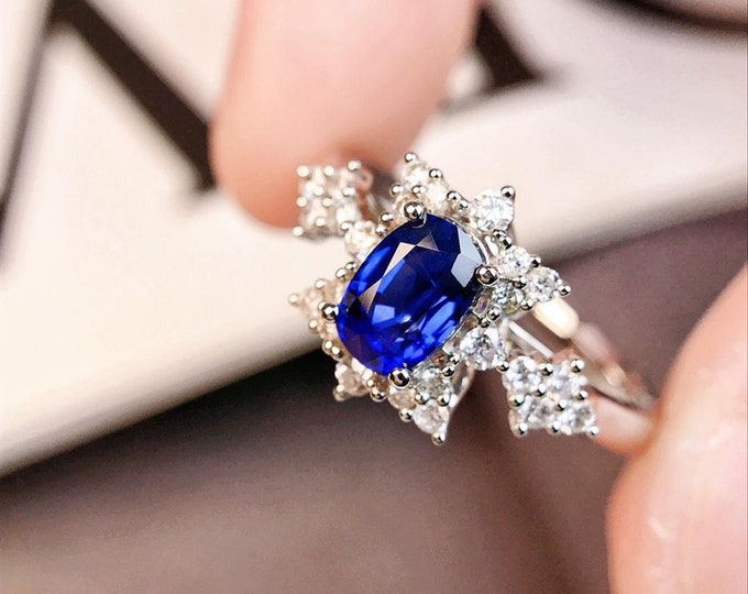 18k white gold real royal blue sapphire engagement ring/Diamond halo blue sapphire gold ring/Unique Half eternity sapphire anniversary ring
