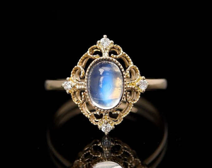 18k yellow Gold blue Moonstone Engagement Ring with diamonds/Eternity halo diamond band/6X8mm Color changing Wedding gift/Unique Viking ring