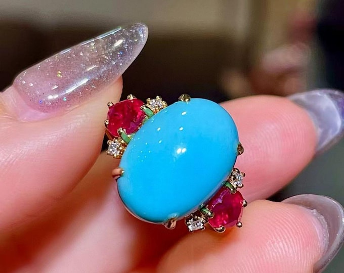 Chunky natural Turquoise ring in 18k solid gold/Cabochon authentic turquoise engagement ring women/unique handmade fine ring women with ruby