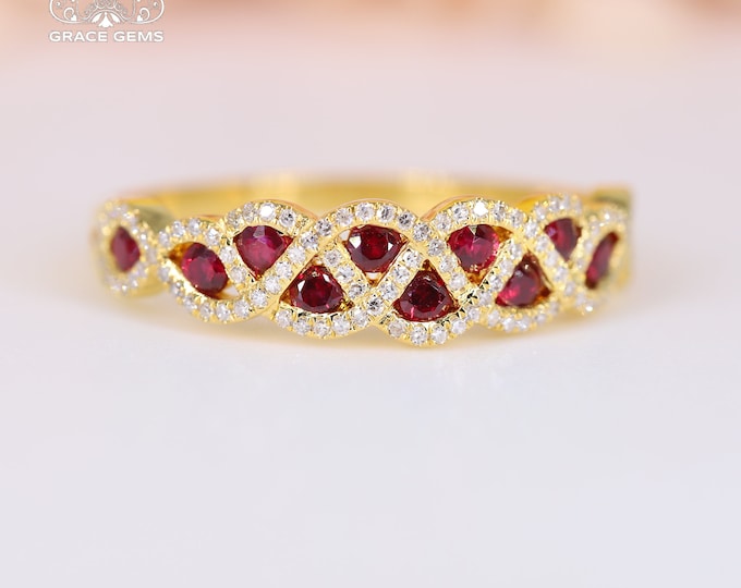 18K yellow Gold Natural ruby ring/Natural Engagement Ring with Diamond/halo ruby wedding ring/Vintage Handmade jewelry ring for women Bridal