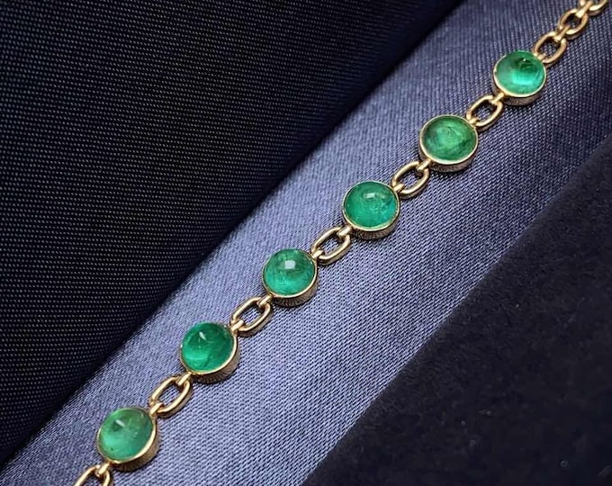 Natural vivid green emerald bracelet chain for women 18k solid gold/Luxury oval cut multi beads emerald bangle bracelet