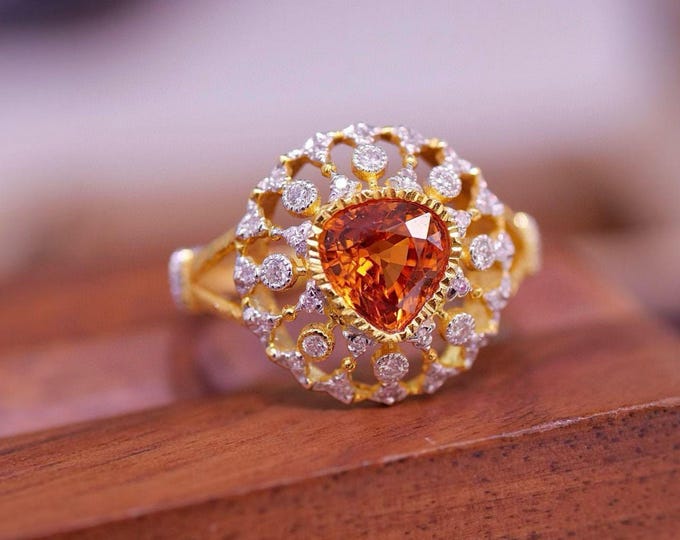 18k Gold Natural Fanta ring/Handmade diamonds and yellow sapphire halo engagement ring/Celtic Fanta Ring/Unique fanta ring for her wedding
