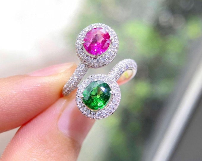 Natural pink Sapphire & green tsavorite Engagement Ring with Diamonds/handmade natural pink sapphire ring/luxury two gems fine jewelry gift