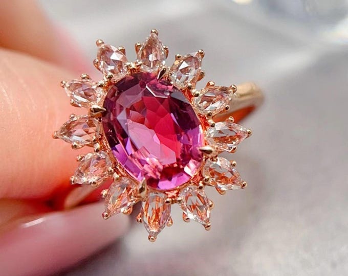 Natural pinky red tourmaline ring in 18k rose gold/White sapphire and diamond as accents/Custom pink tourmaline tourmaline engagement ring