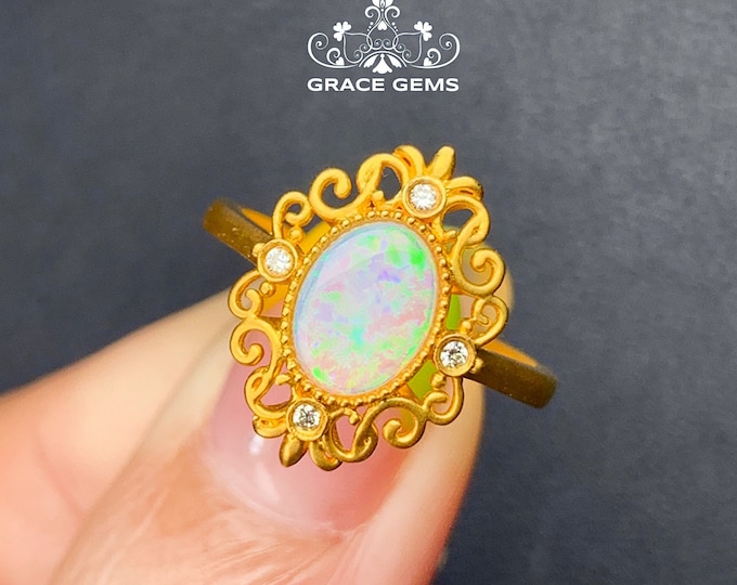 Genuine Australia Opal Engagement Ring in 18k/14k Solid Gold with diamonds/Natural Opal/Boulder Opal/Raw Opal Wedding ring Anniversary gift