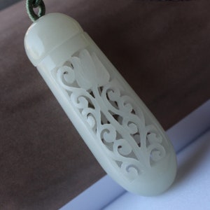 Natural white jade hollow-carved pendant Hand-carved jade pendant/White jade necklace/Unique carved jade diffuser/Vintage white jade pendant image 2