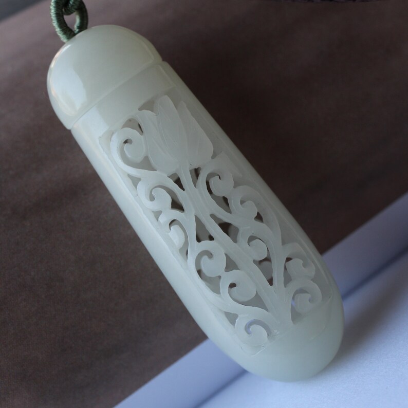 Natural white jade hollow-carved pendant Hand-carved jade pendant/White jade necklace/Unique carved jade diffuser/Vintage white jade pendant image 2