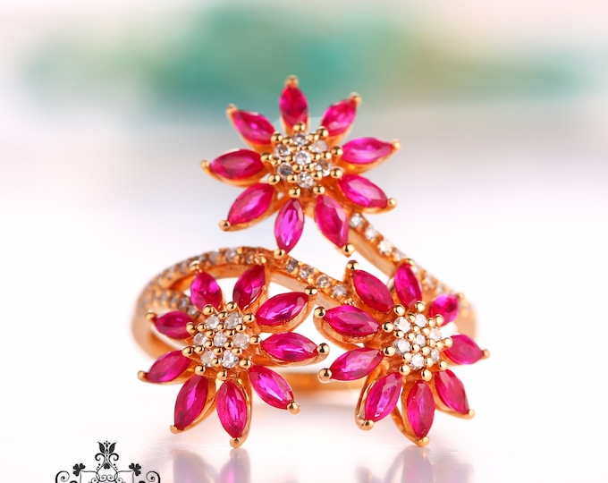18k rose gold Triple flower ruby Ring/Half eternity diamond halo Star Ruby Ring/handmade jewelry for women bridal gift/vintage Art Deco