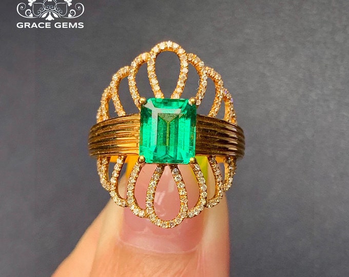Huge Stone 1.7CT 18k Solid Gold Unique Natural Emerald Engagement Wedding Ring with diamonds/Special Designer Ring/Custom Delicate promise