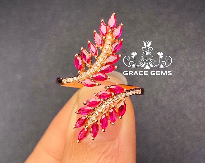 Double leaf Natural Mozambique pigeon blood red ruby ring/18k rose gold with diamond/raw ruby//antique ruby ring/14k ruby ring/ruby trendy