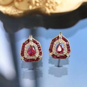 18k gold natural ruby earrings with diamonds/Certified natural ruby studs/Handmade Victorian Gothic ruby studs/Unique vintage Viking Jewelry