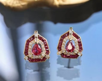 Handmade 18k Gold Ruby Earrings with Diamonds: Victorian Gothic Studs/,high end gift,everyday luxury,custom fine ruby, birthday anniversary
