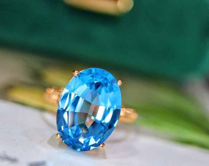 6.5CT quality genuine Swiss Blue Topaz ring in 8k/14k gold/natural Topaz engagement wedding ring/Unique minimalist statement topaz ring gift