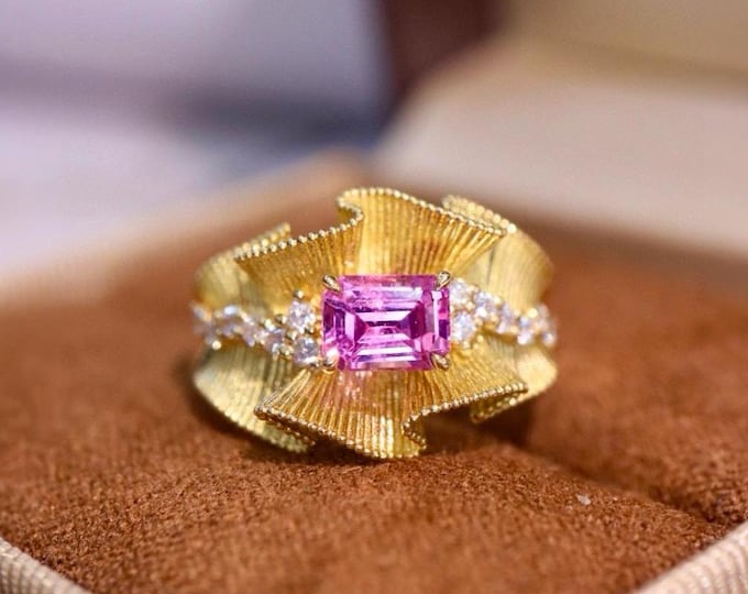 18k solid Gold Certified Natural Padparadscha Pink Sapphire Engagement Ring with Diamond/Pink sapphire gemstone/Vintage Art Deco wedding