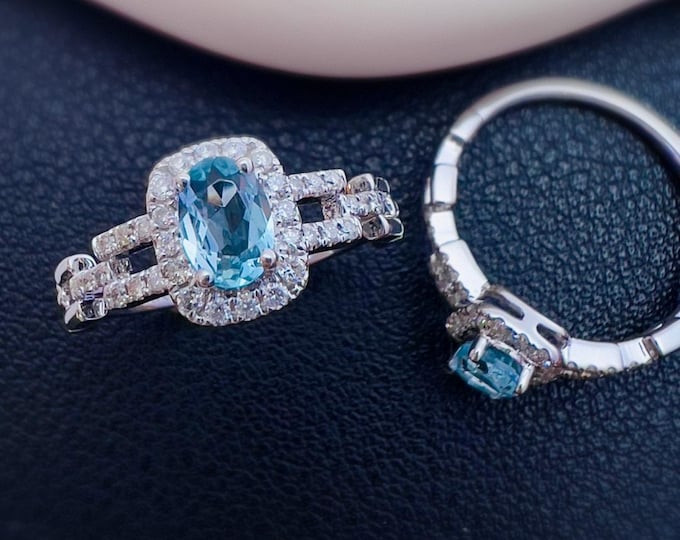 Dainty natural Santa Maria ring in 18k white gold/Diamond paved band aquamarine ring for her/Women aquamarine birthstone engagement ring set