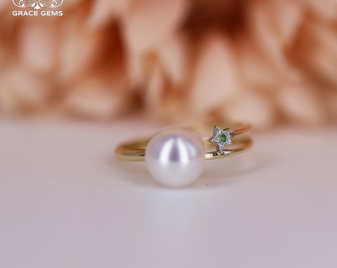 7.5 mm 18k gold Natural Japanese Akoya Sea Pearl Ring/Engagement wedding pearl ring with diamond halo band/Certified Pear handmade women