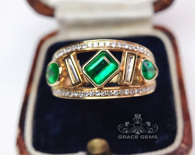 Unique Multi-stone Genuine Cluster Certified Emerald Engagement Wedding Ring in 18k14k gold with diamond/Vintage Celtic promise gift for her