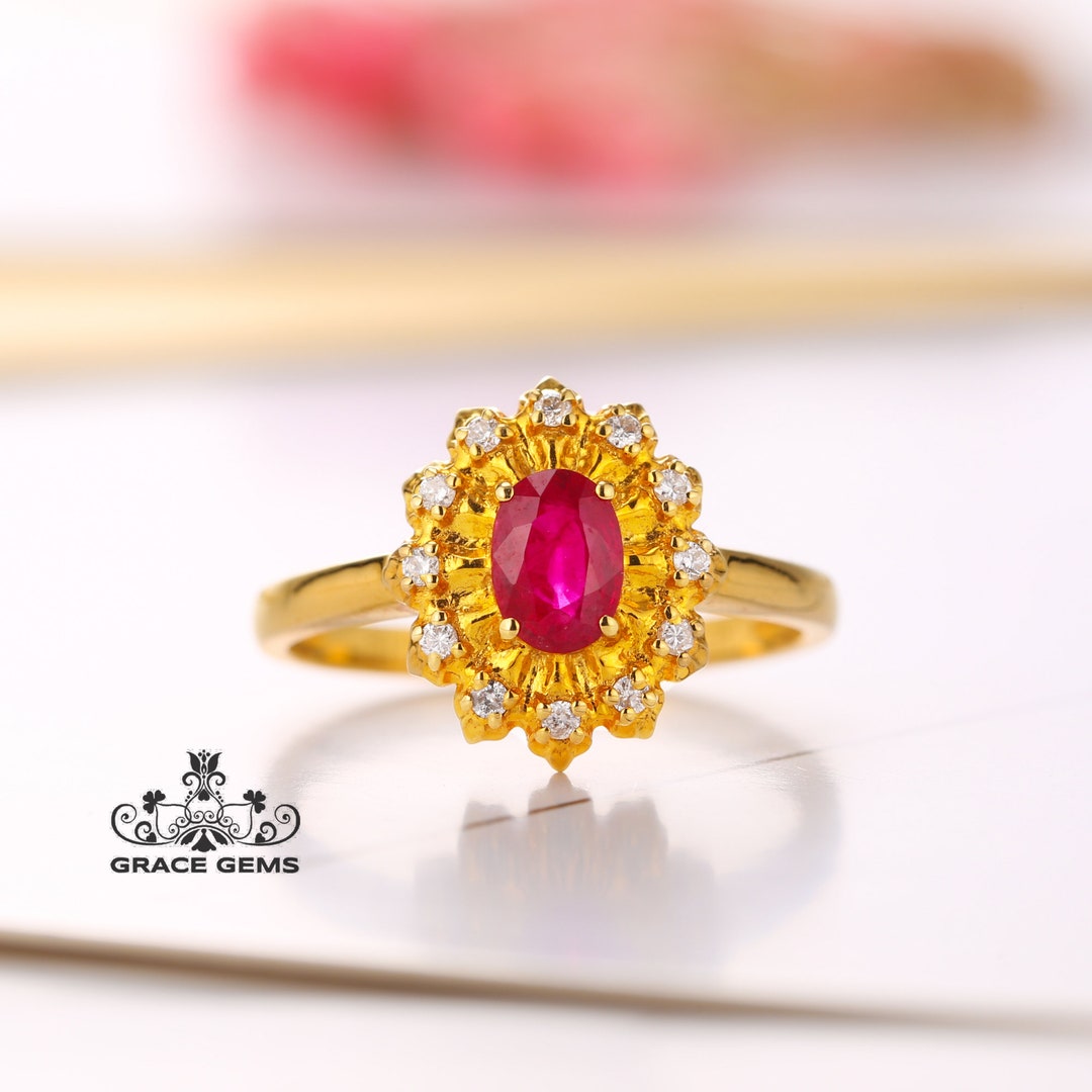 18k Gold Pigeon Blood Ruby Ring-diamond Halo Ruby Engagement Ring ...