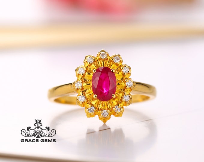 Bohemian Indian Gem Solitaire  Ruby Engagement wedding Ring in solid 18k 14k gold with diamonds/Raw gemstone ring/New Mom/promise eternity