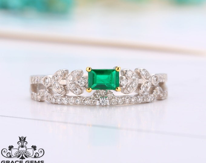 18K white gold twig natural emerald engagement wedding ring in diamonds/Vintage Unique Celtic custom gift/Delicate promise gift/Handmade