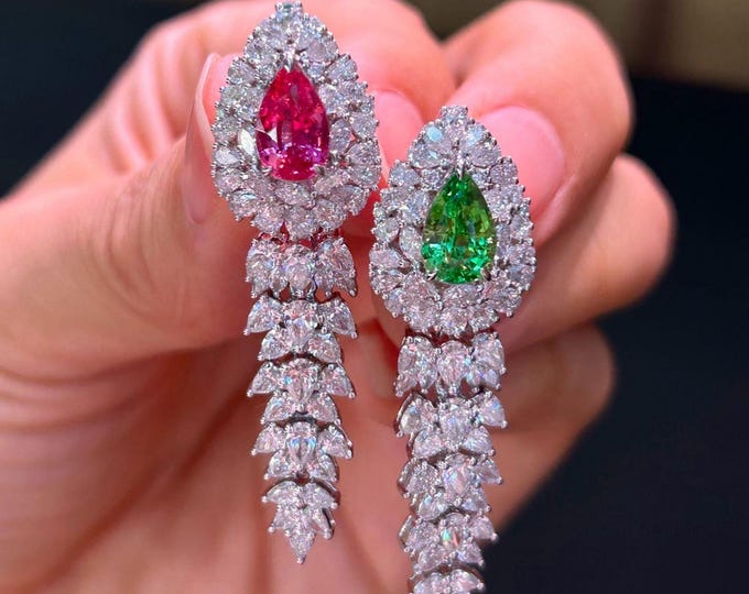 Luxury Pink Spinel & Tsavorite Earrings in 18K White Gold/Natural Gemstone Drop Earrings • Diamond Halo Statement Earrings/Fine Jewelry Gift