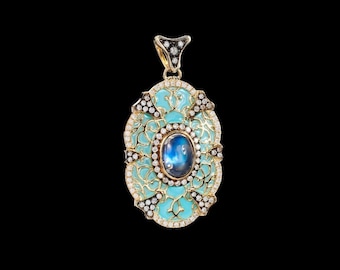 Handmade Art Deco Moonstone Pendant: Enamel & Diamond, 14k Gold