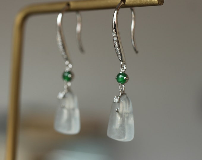 18k white Gold Myanmar Natural Icy Type Jadeite Jade Earrings/Translucent Burmese Jade hooker/One of a kind gift for her/High end jade studs