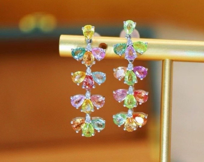 18k Solid White Gold Multi-color Natural Sapphire earring with diamonds/Sri Lanka Cluster Sapphire earrings/Unique Special Designer earrings