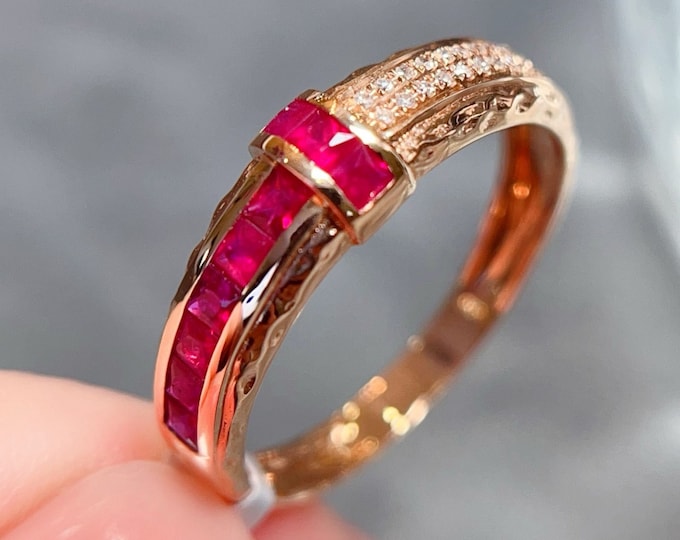 Unique natural ruby ring for her/Real ruby ring in 18k rose gold with diamonds/Handmade custom ruby fine jewelry gift for mom/Art deco ruby