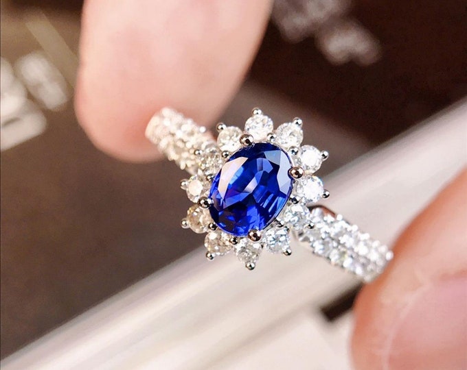 Handcrafted 18k white gold sapphire ring/Natural sapphire diamond halo ring/Custom royal blue sapphire engagement ring/Affordable sapphire