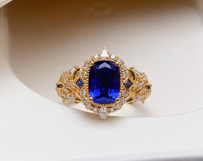 Natural Sri Lanka royal blue sapphire rings/Statement 18k yellow gold sapphire diamond halo engagement ring for women