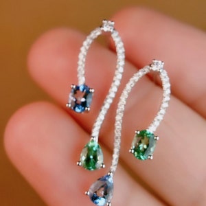 Custom pear aquamarine gold earrings dangle/18K white gold aquamarine drop earrings with diamond and green tourmalines/Aquamarine studs gift