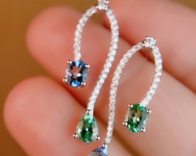 Custom pear aquamarine gold earrings dangle/18K white gold aquamarine drop earrings with diamond and green tourmalines/Aquamarine studs gift