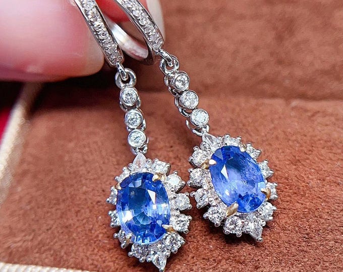 Natural  cornflower sapphire dangle earrings in 18k solid white gold/latch back sapphire earrings/handmade fine gold wedding jewelry women