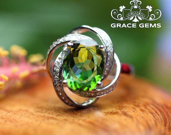 SPECIAL OFFER 14k/18k gold natural vivd green tourmaline engagement wedding ring with diamonds/one of a kind gift/Art Deco/Oct. birthstone