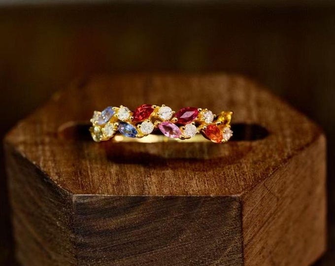 Natural multi color sapphire ruby band/18k solid gold rainbow wedding band Ring/Pink blue sapphire band/Half eternity sapphire stacking band