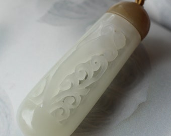 Hand-Carved White Jade Pendant: Unique Diffuser Necklace