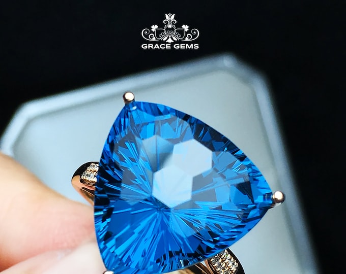 18k rose gold triangle London blue Topaz ring/Unique designer engagement wedding ring/blue gemstone handmade/one of a kind gift/Art Deco