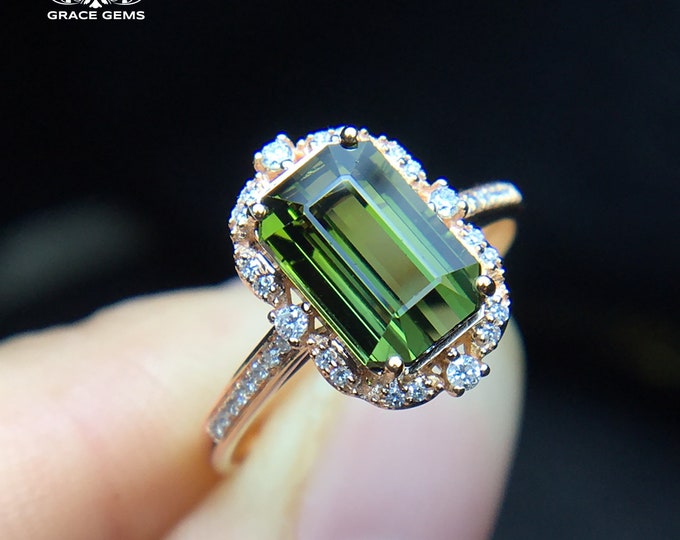 18k rose gold tourmaline ring/18k rose gold diamond wedding engagement band/Handmade promise band/Halo band bridesmaid jewelry/boho band